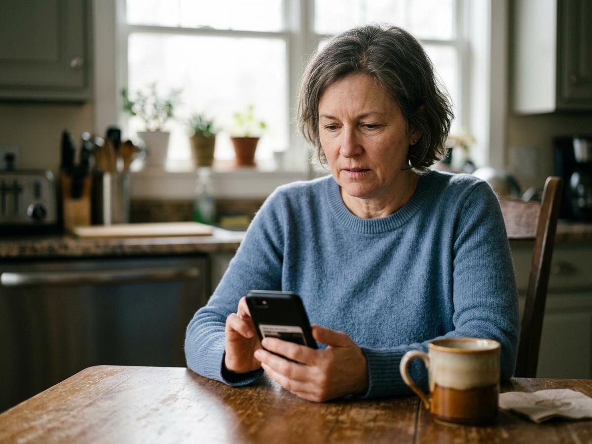 A composed woman in her fifties reading a message on her phone at her kitchen table