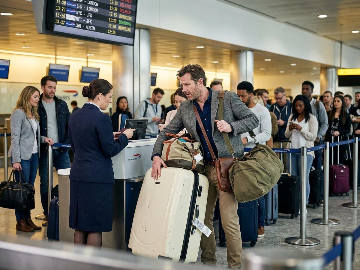 A traveler at an airline counter wrestling with an oversized hard-shell suitcase and extra bags